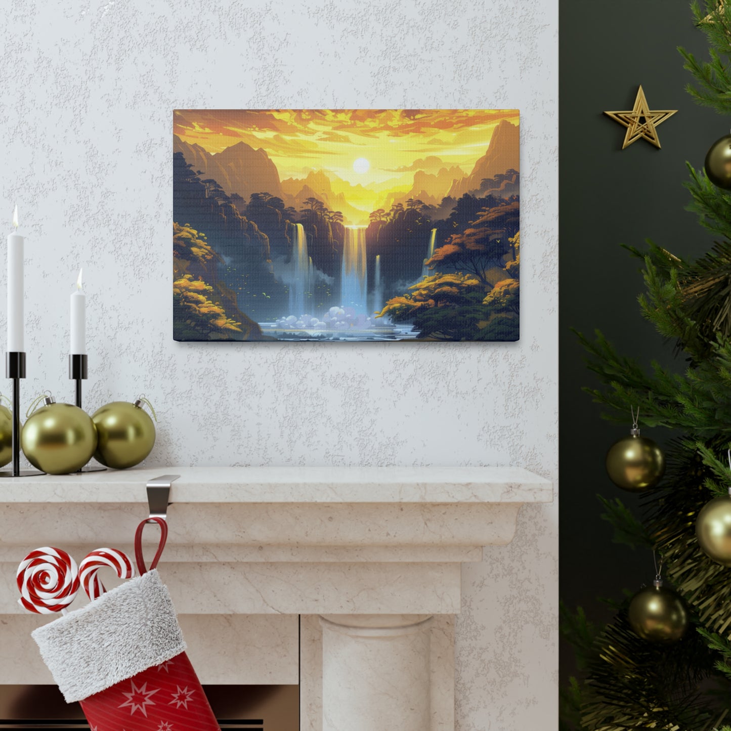 Dreamy Landscape - Waterfall and Mountains in Golden Morning Illustration Canvas Gallery Wraps