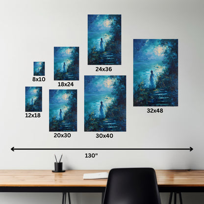 Woman looking at sea night time Digital Oil Painting Print Canvas Gallery Wraps