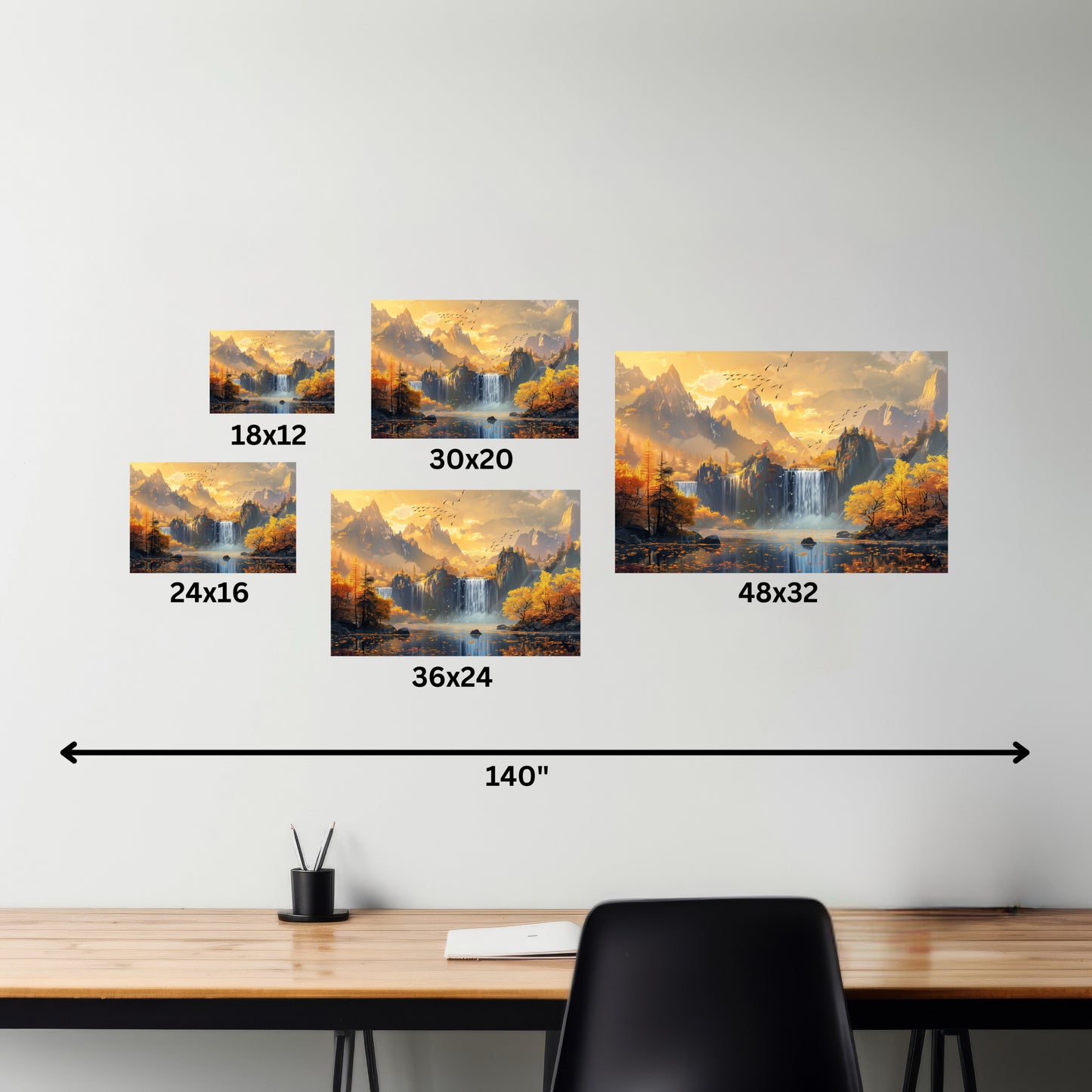 Dreamy Landscape Sunset with Waterfall and Mountains - Digital Illustration Canvas Gallery Wraps