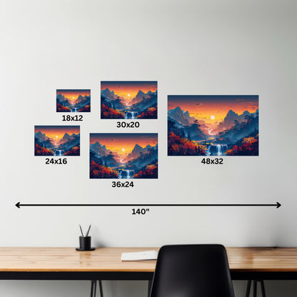 Dreamy Landscape Sunset with Waterfall and Mountains - Digital Illustration Canvas Gallery Wraps